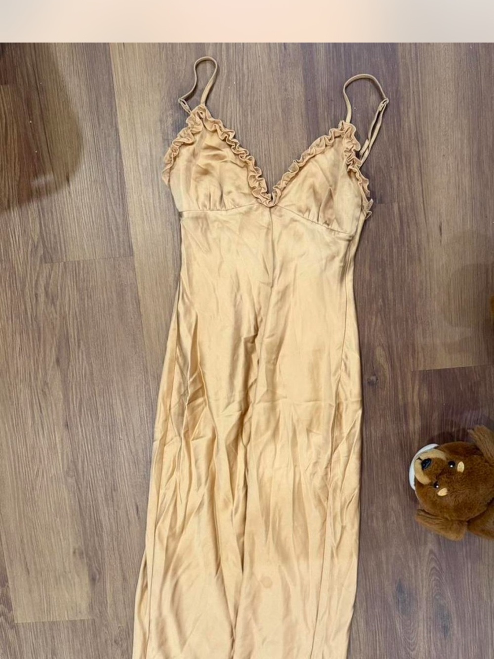 Zara Satin Ruffle V‑Neck Slip Dress in Golden Yellow - Picture 5 of 6